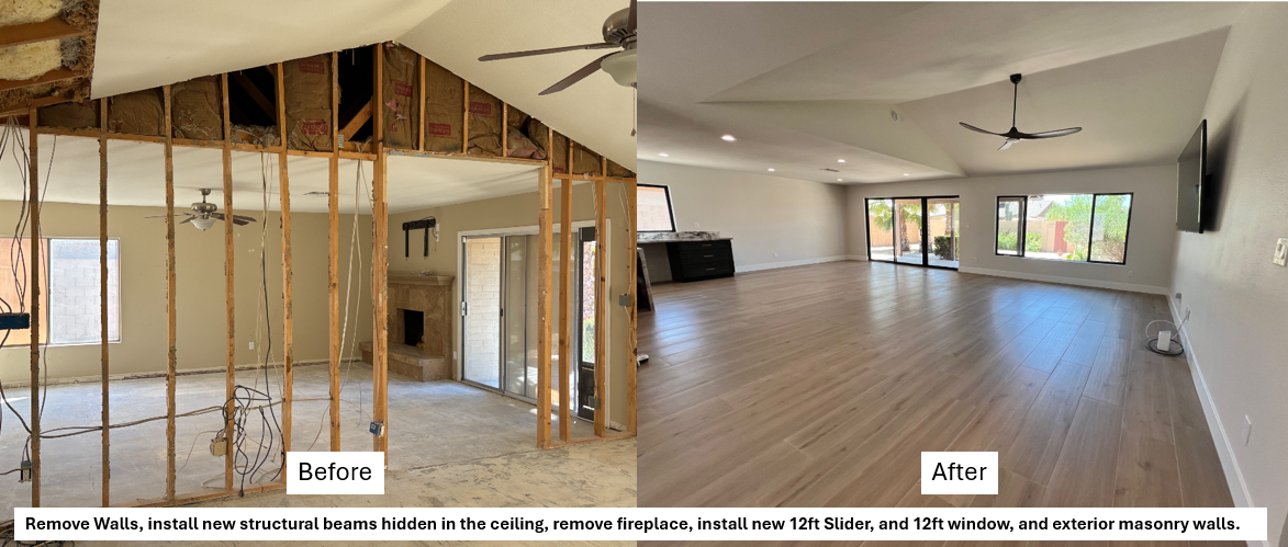 Interior floor plan modification before and after — remove walls, structural beams, new slider and windows